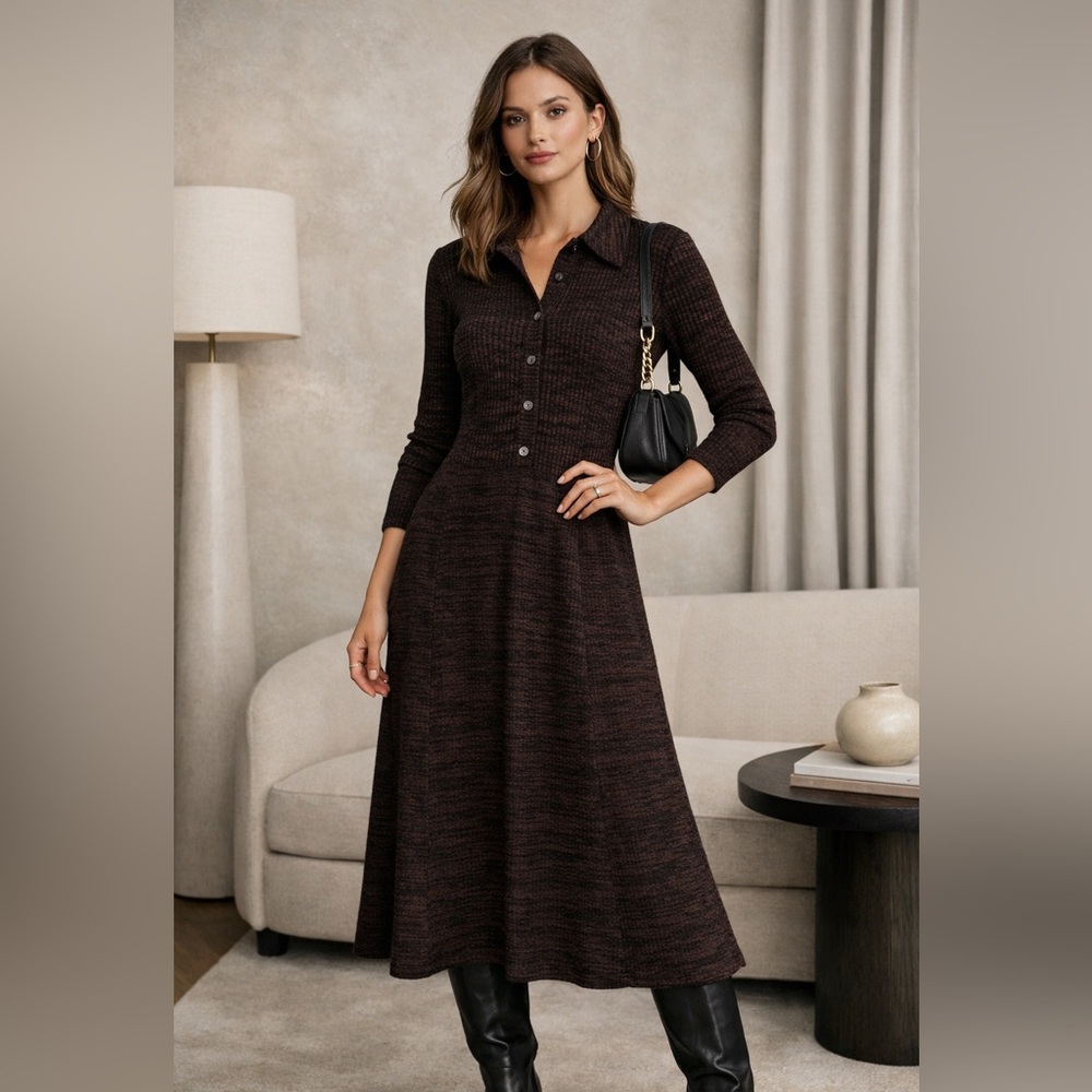 Treasure & Bond Black Brown Marl Textured Knit Collared Midi Dress NWT Sz S